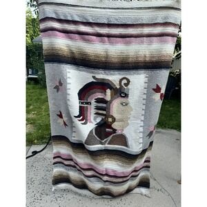 Vtg 70s Native American Indian Tribal Chief  Wall Tapestry Throw 41"x65.5"